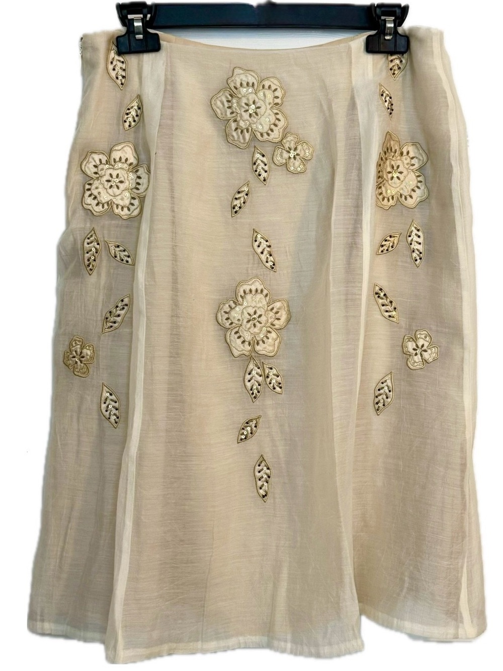 Bandolino Cream Linen Blend Embroidered Floral Sequin A-Line Skirt Size 14